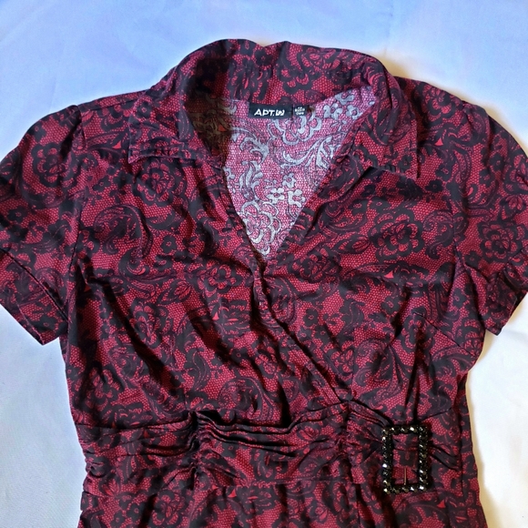Apt.9 Womens Petites PS Top Short Sleeve Collared Blouse Red Black Floral Print - Picture 2 of 4